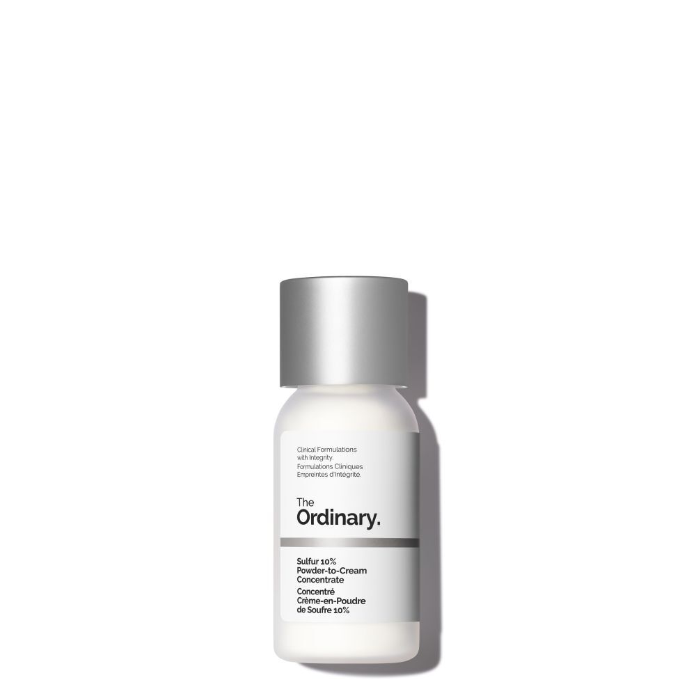 Flesje The Ordinary Concentré Crème-en-Poudre de Soufre 10 %. Wit product, zilveren dop.