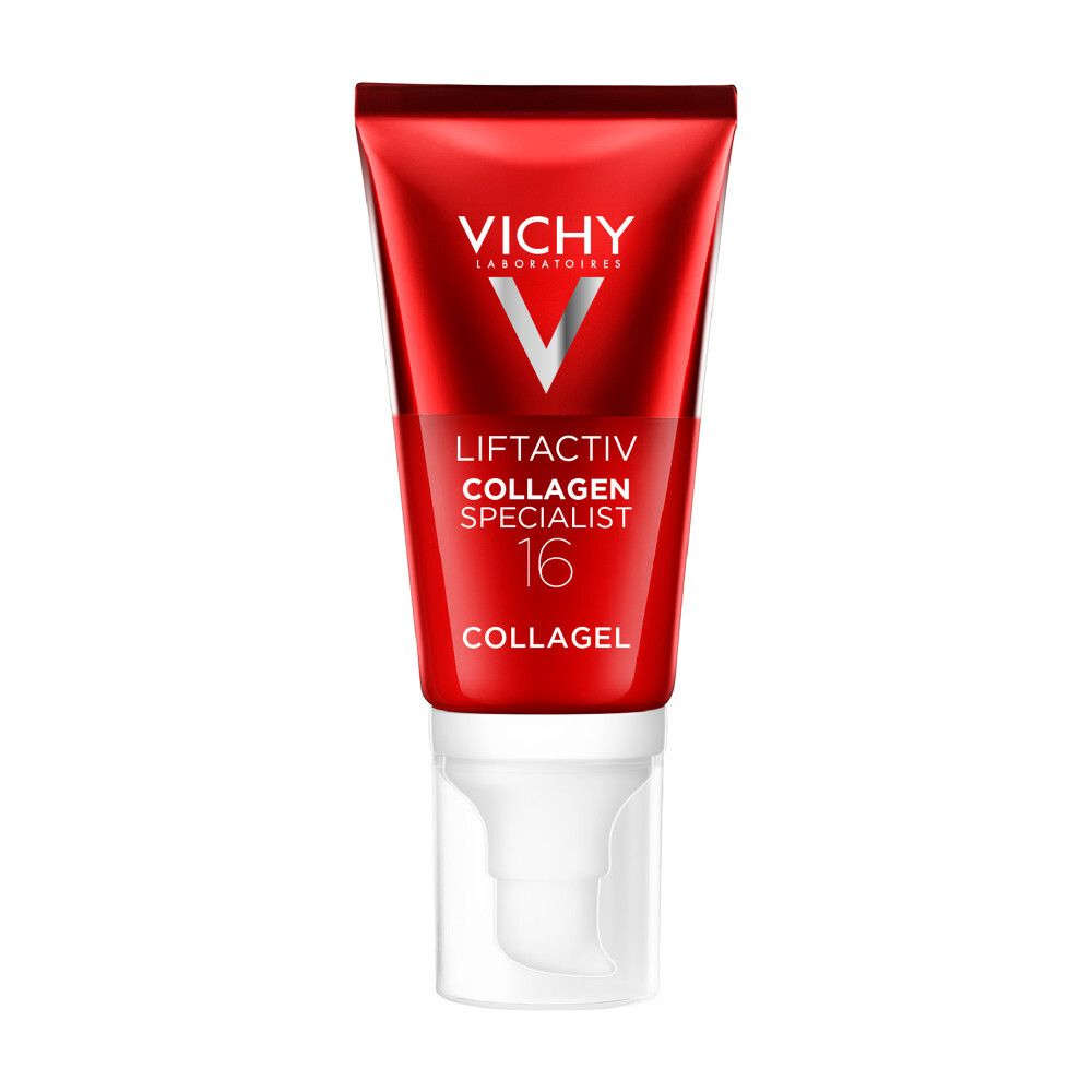 Rode tube met witte pomp. Vichy Liftactiv Collagen Specialist 16. Collagel.