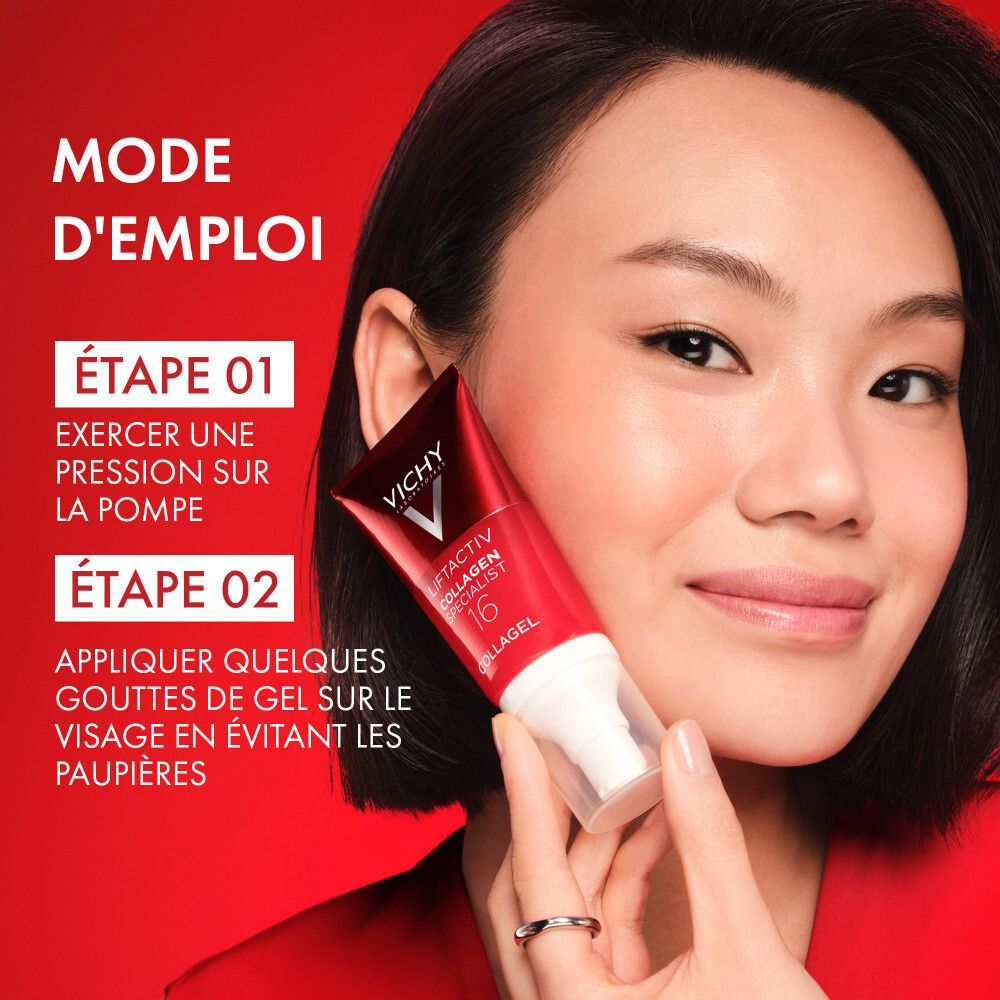 Femme montre l'application. Vichy Liftactiv Collagen Specialist 16. Gel.