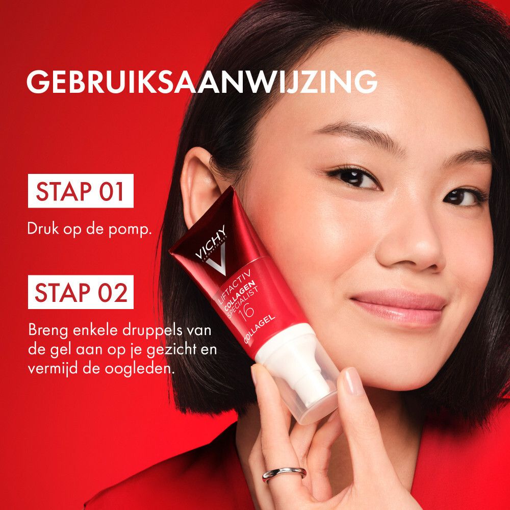 Vrouw toont toepassing. Vichy Liftactiv Collagen Specialist 16. Gel.