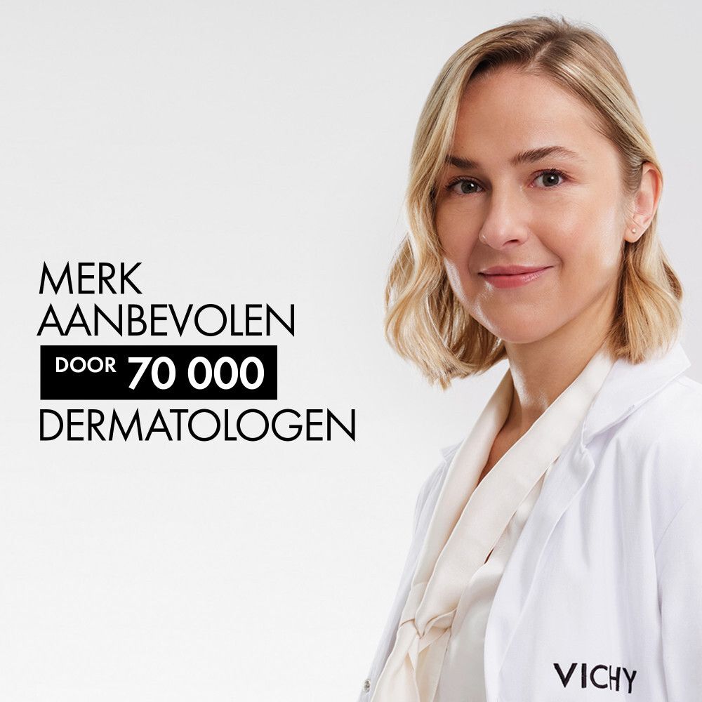 Vrouw in witte jas. Vichy. Aanbevolen door 70.000 dermatologen.
