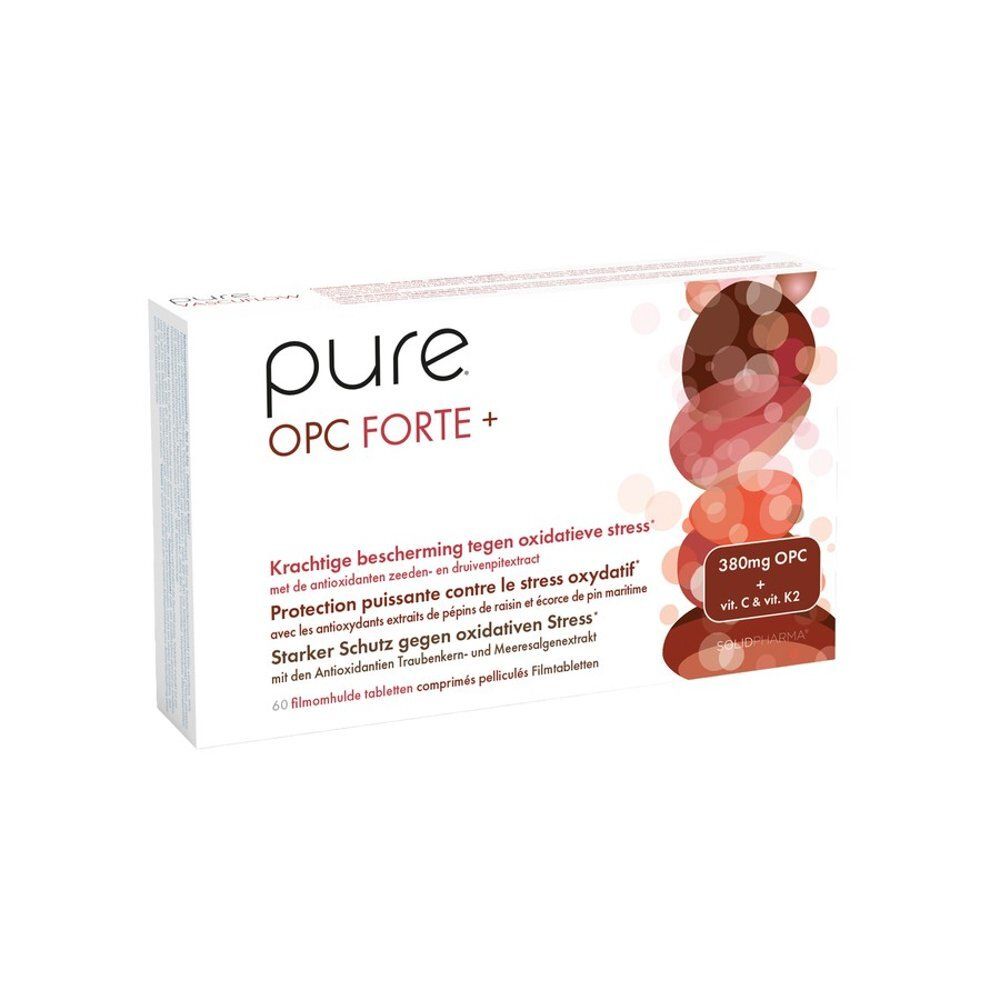 Verpakking Pure OPC Forte+ met 60 filmtabletten. Bevat 380mg OPC, Vitamine C & K2.