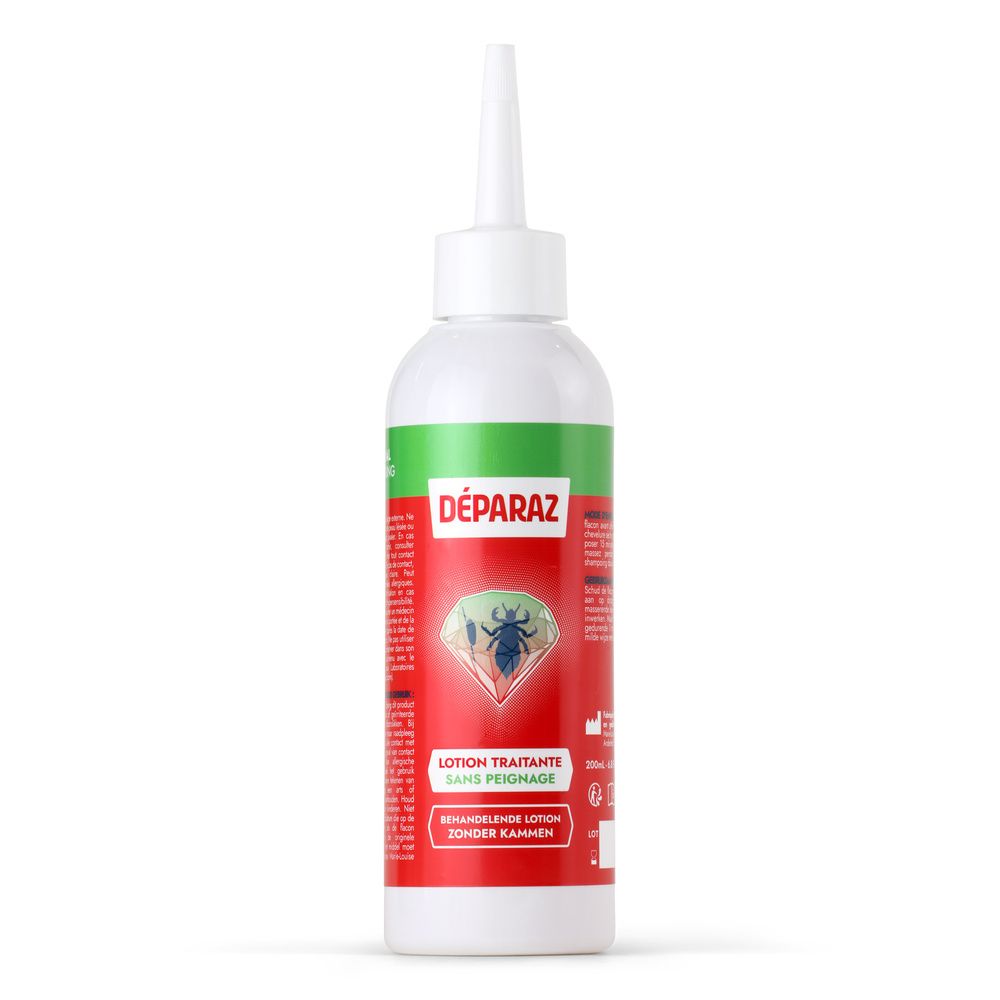 Witte fles met rood etiket, insectensymbool en tekst "DÉPARAZ BEHANDELENDE LOTION ZONDER KAMMEN".
