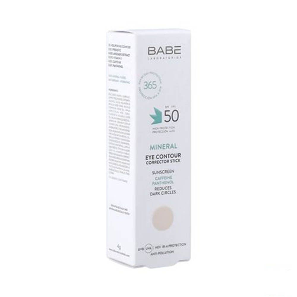 Boîte blanche Babe Mineral Eye Contour Corrector Stick. Ingrédients, 4g, testé dermatologiquement.