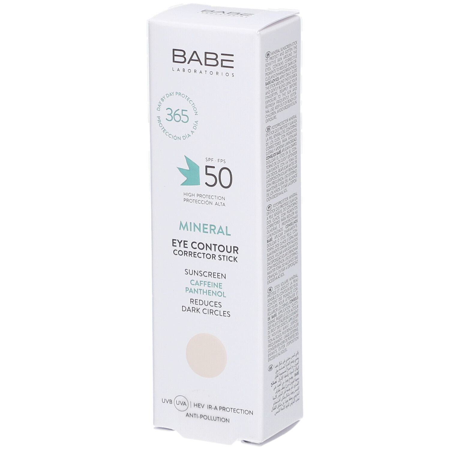 Boîte blanche Babe Mineral Eye Contour Corrector Stick. SPF 50, réduit les cernes.