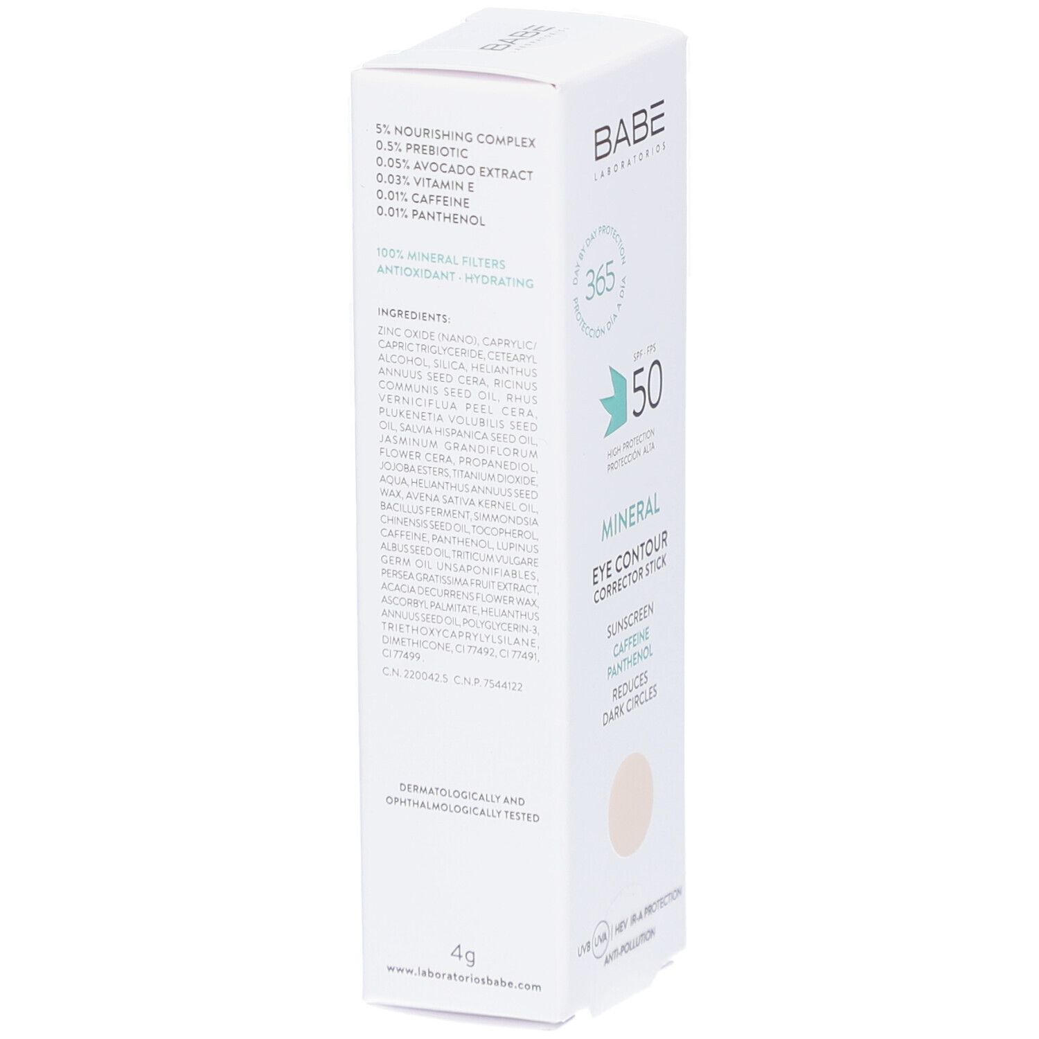 Boîte blanche Babe Mineral Eye Contour Corrector Stick. Ingrédients, 4g, testé dermatologiquement.