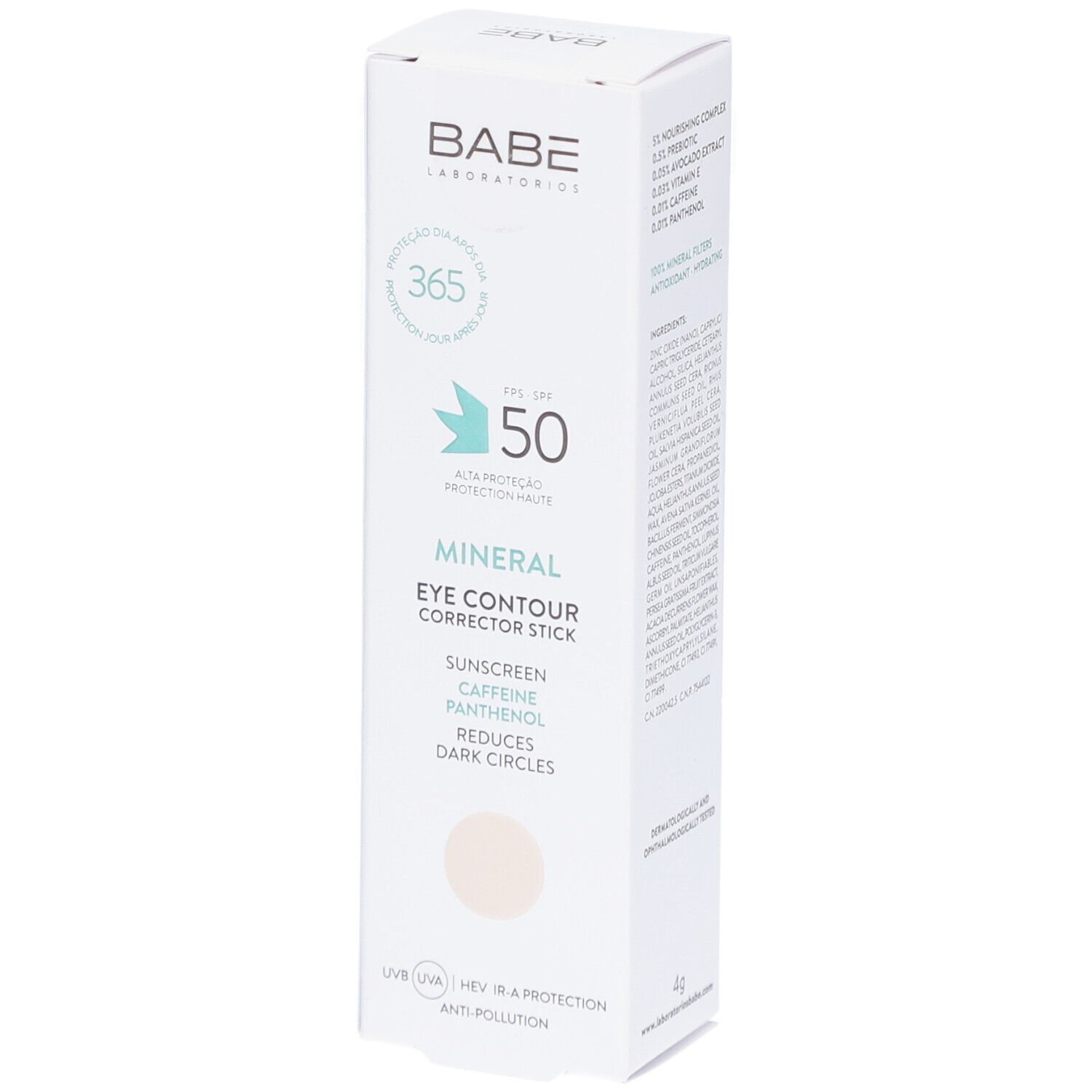 Boîte blanche Babe Mineral Eye Contour Corrector Stick. SPF 50, réduit les cernes.