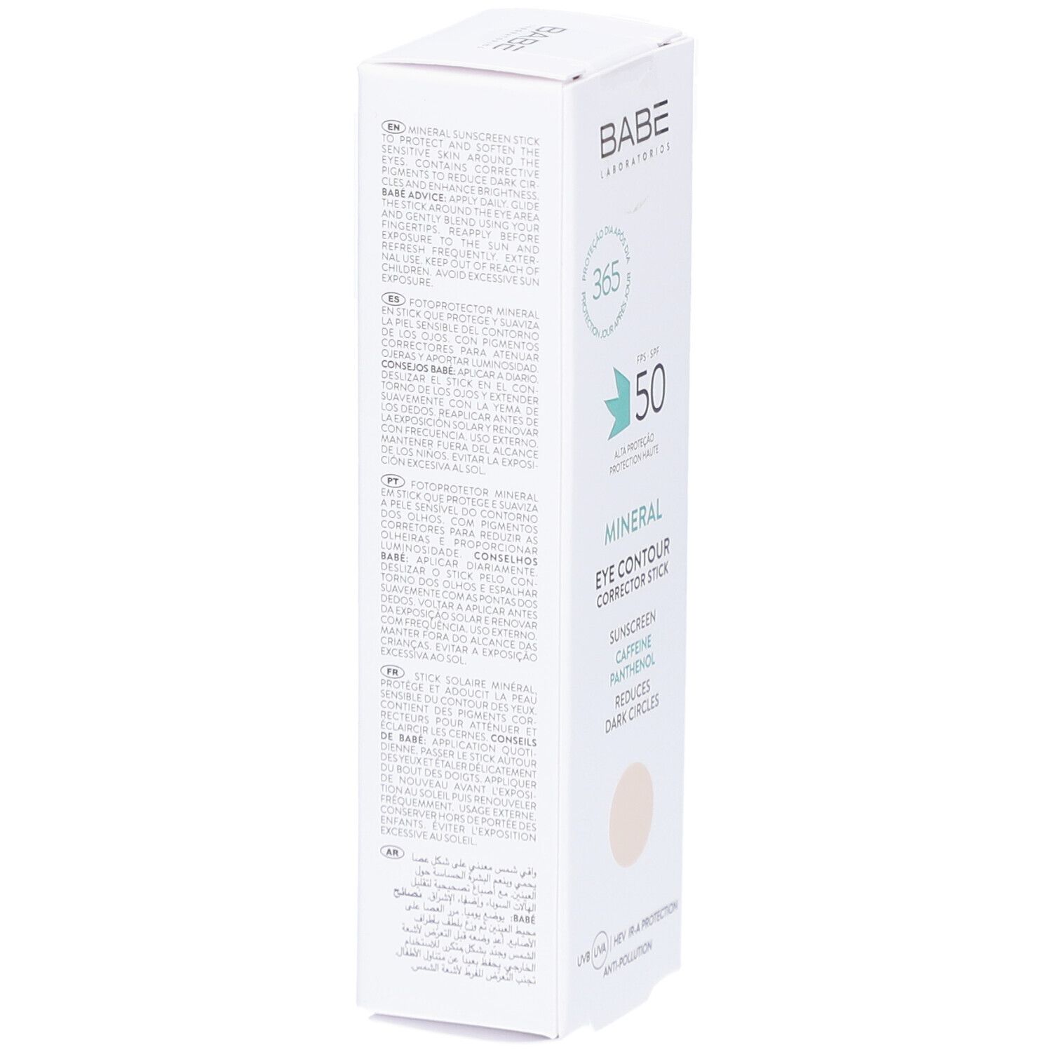 Boîte blanche Babe Mineral Eye Contour Corrector Stick. Texte en plusieurs langues.