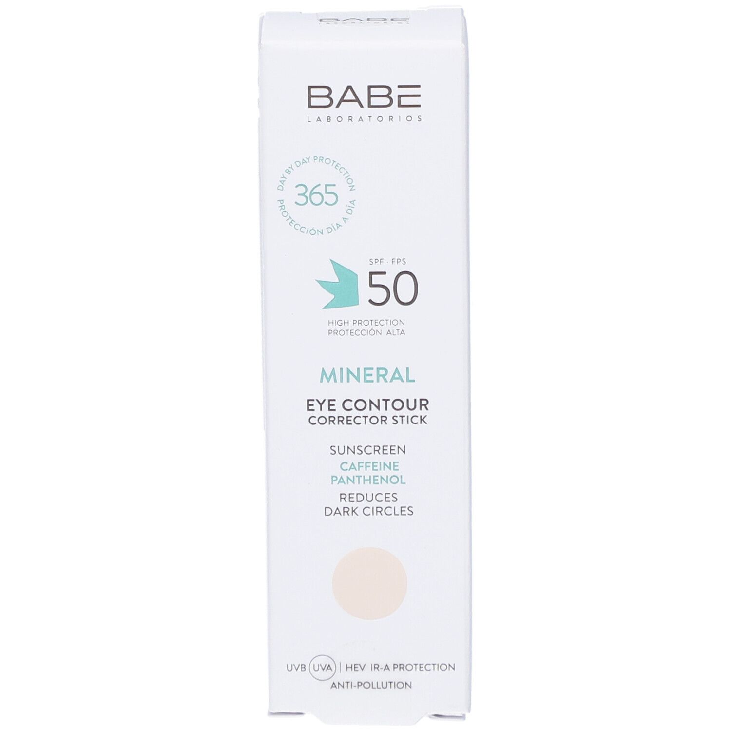 Boîte blanche Babe Mineral Eye Contour Corrector Stick. SPF 50, réduit les cernes.
