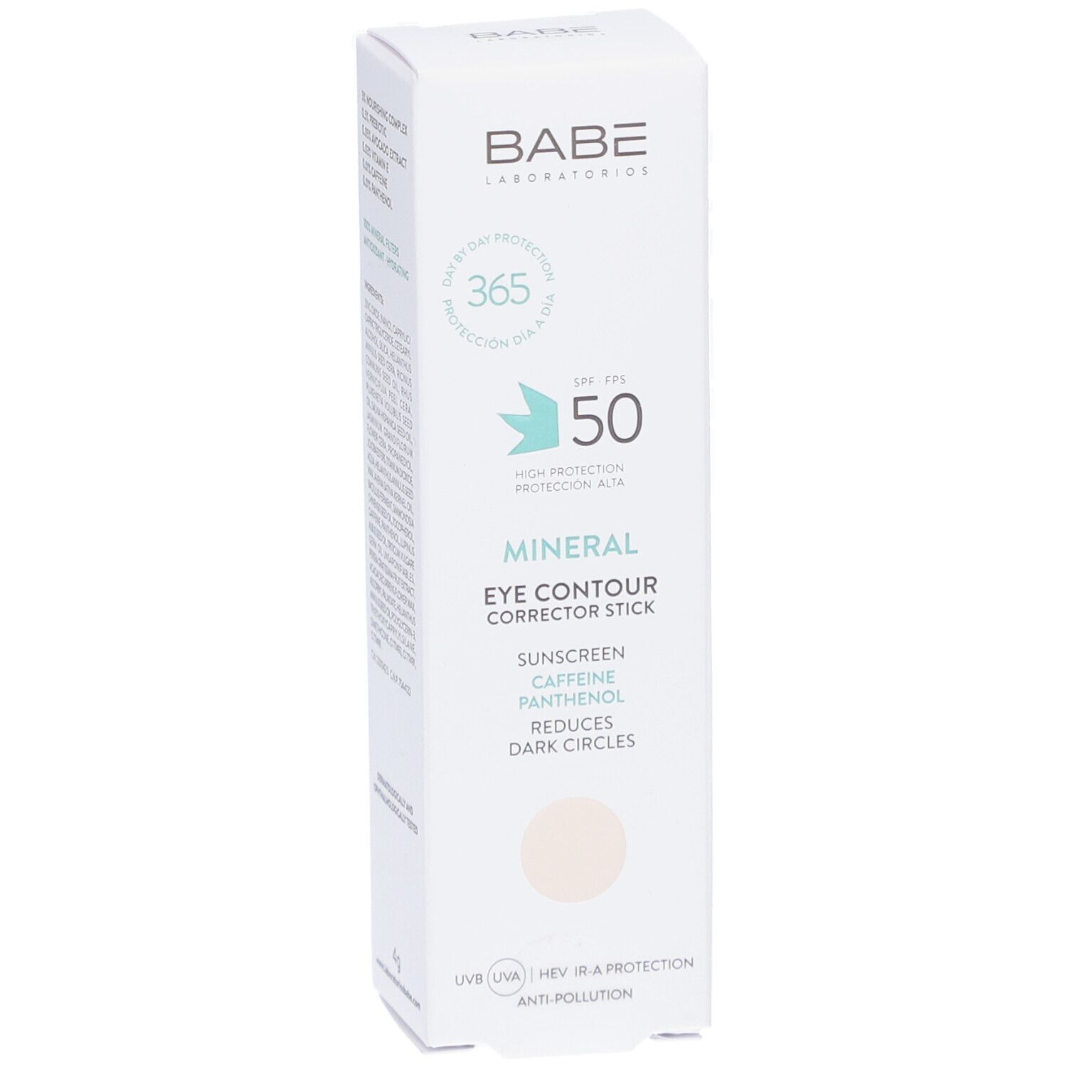 Boîte blanche Babe Mineral Eye Contour Corrector Stick. SPF 50, réduit les cernes.