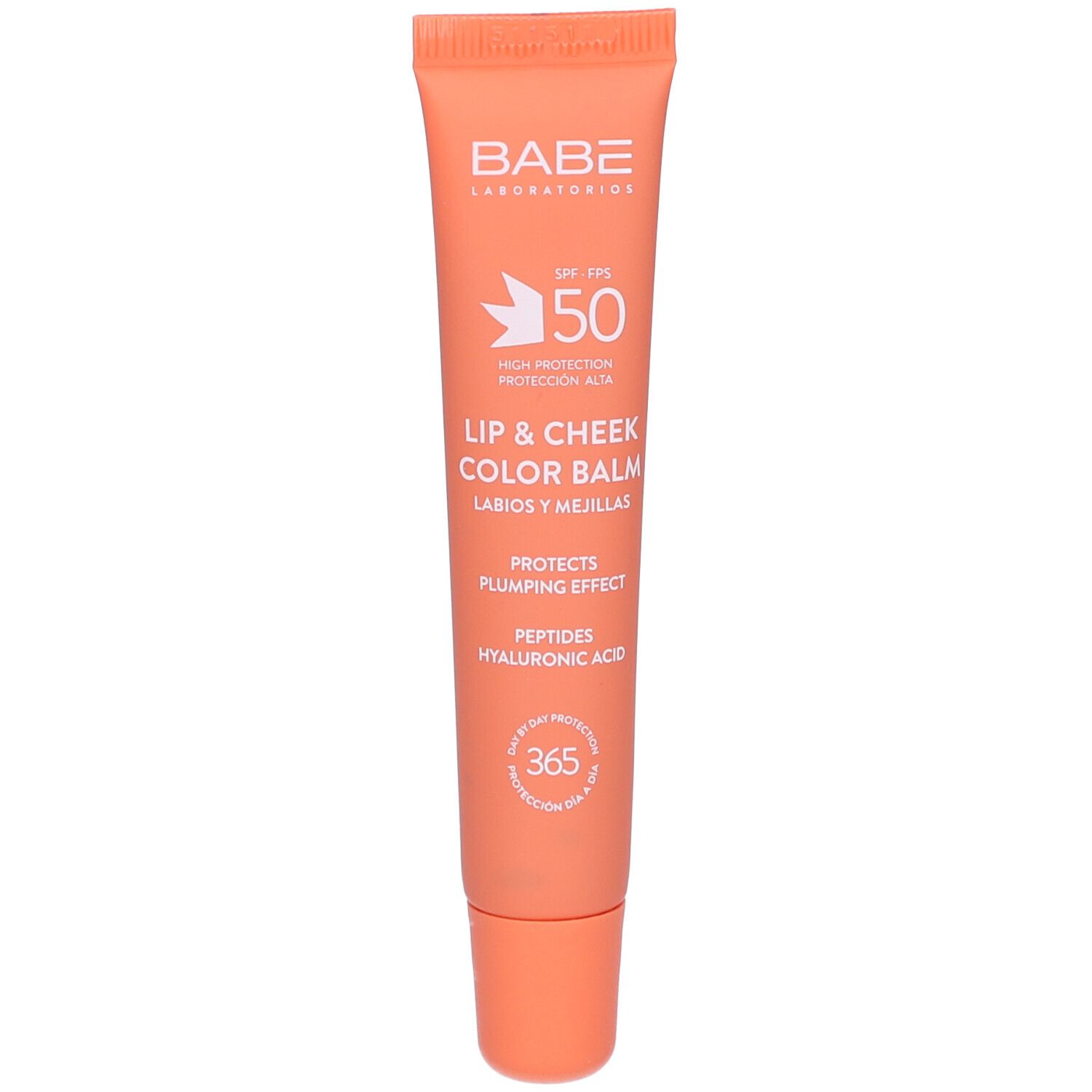 Tube lip- en wangbalsem SPF 50. Oranje product met witte tekst. Bevat peptiden en hyaluronzuur.