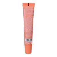Dos du tube de baume lèvres et joues. Contient texte multilingue, ingrédients et code-barres. Couleur orange.