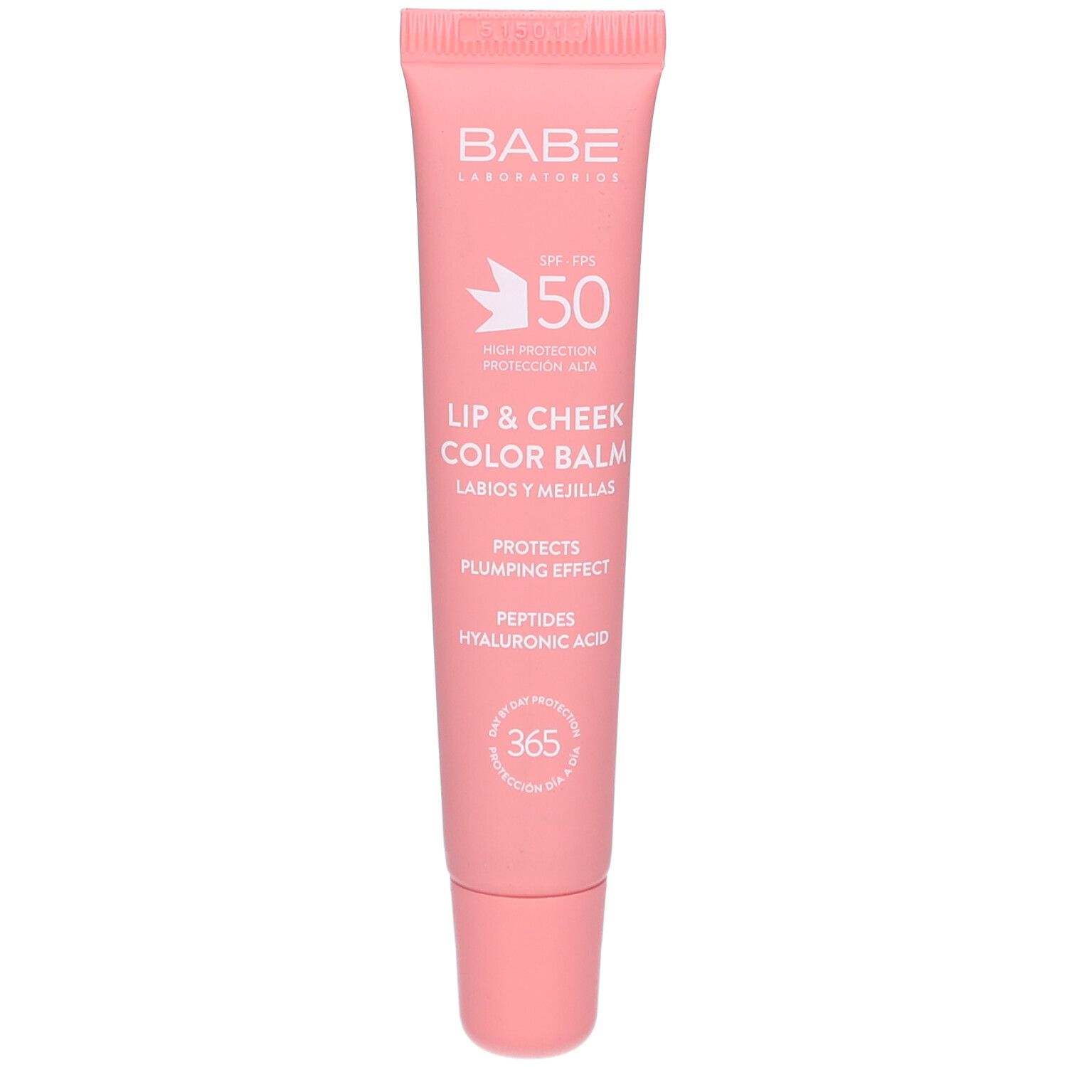 Tube rose 'SPF 50' et 'Lip & Cheek Color Balm'. Contient peptides et acide hyaluronique. Marque: Babe.