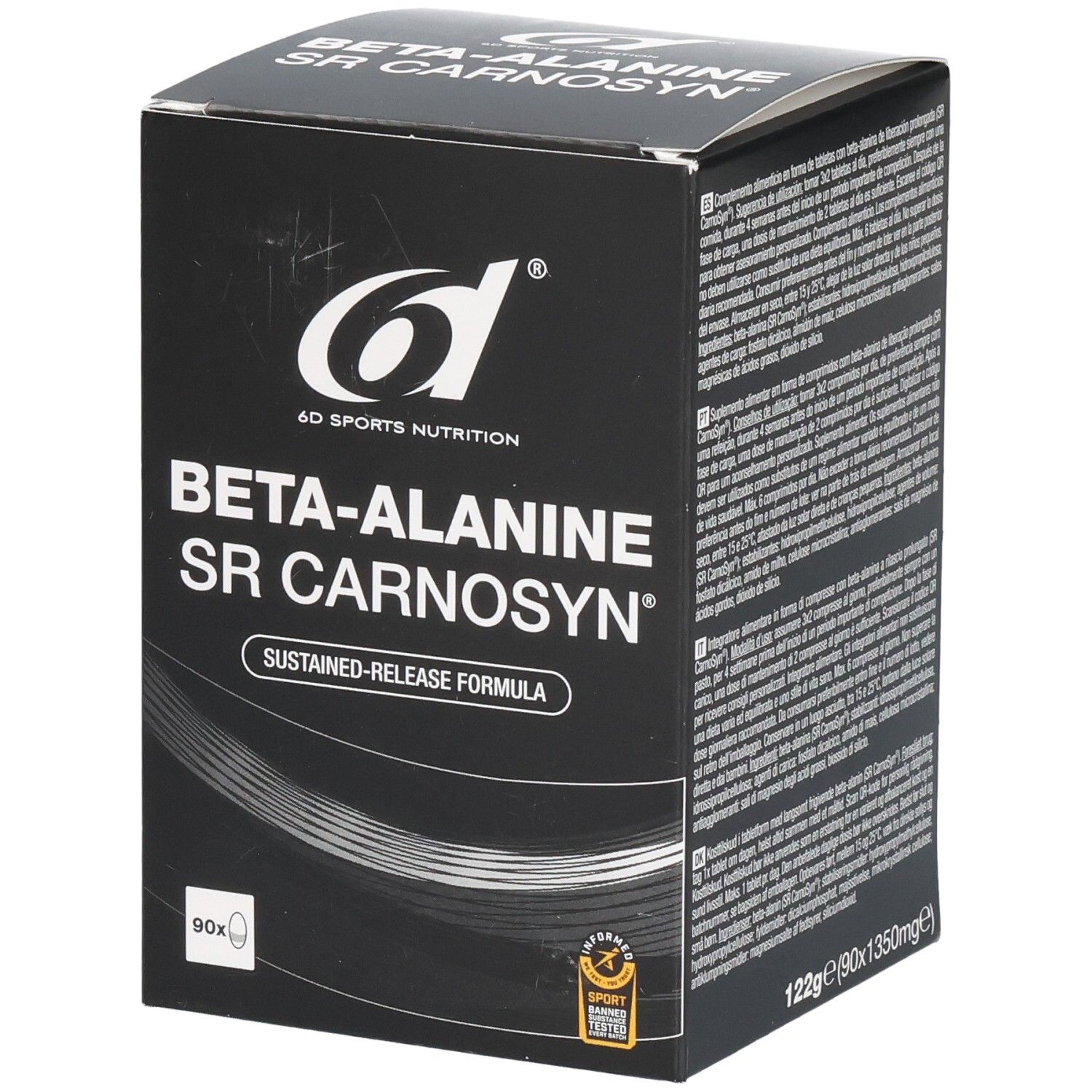 Boîte noire avec texte blanc. Inscription: BETA-ALANINE SR CARNOSYN. Logo 6d Sports Nutrition. 90 comprimés.