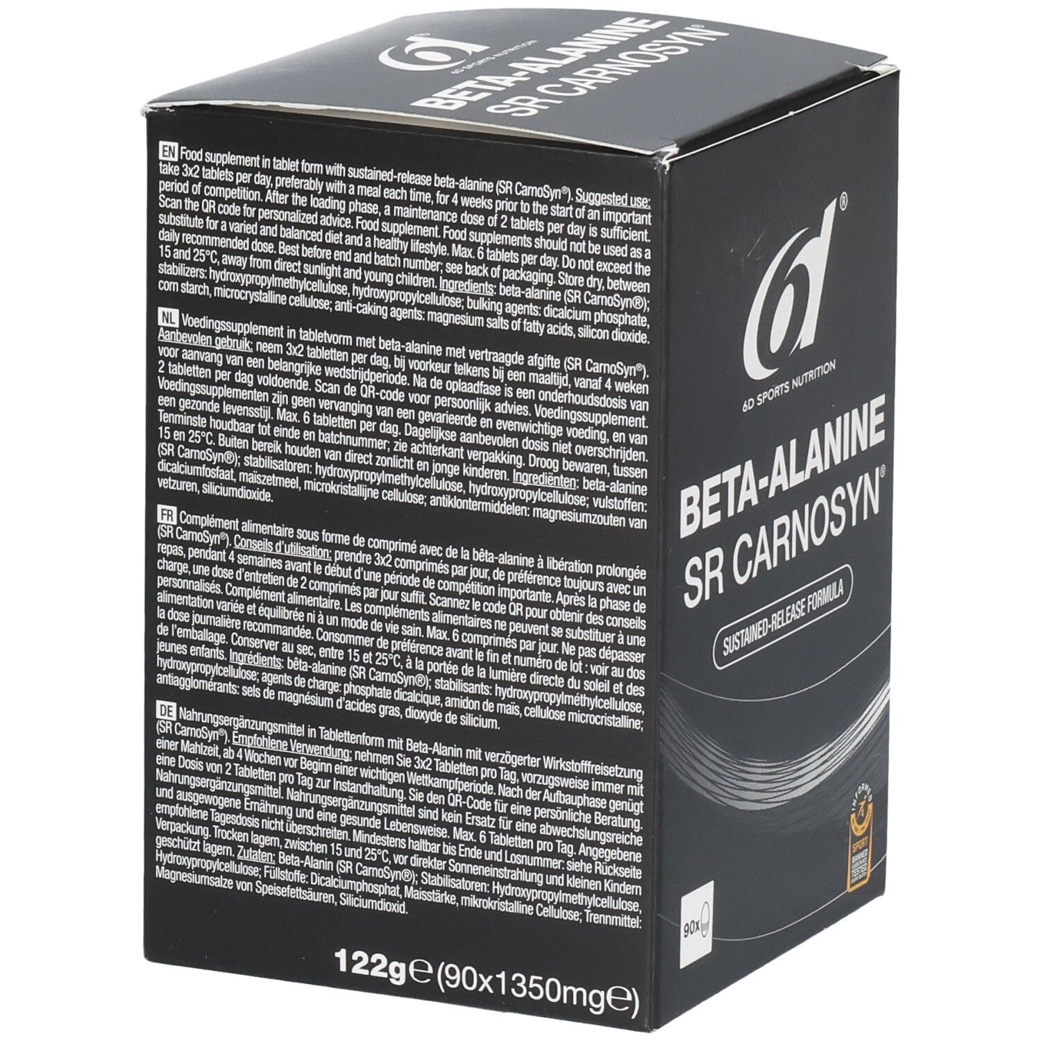 Boîte noire, texte multilingue. Inscription: BETA-ALANINE SR CARNOSYN. Logo 6d Sports Nutrition. 122g (90x1350mg).