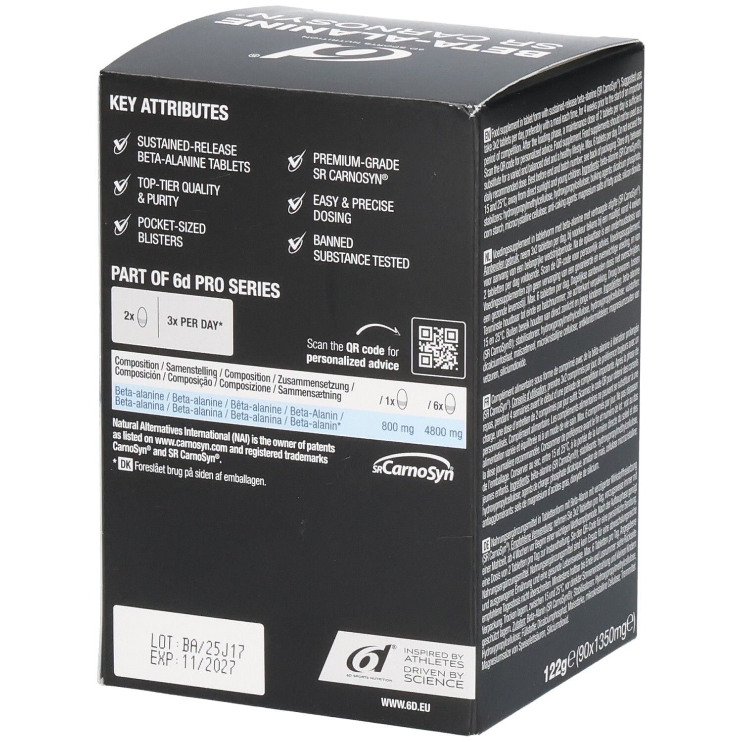 Boîte noire, texte multilingue. Inscription: KEY ATTRIBUTES. 6d Pro Series. Code QR. 122g (90x1350mg).