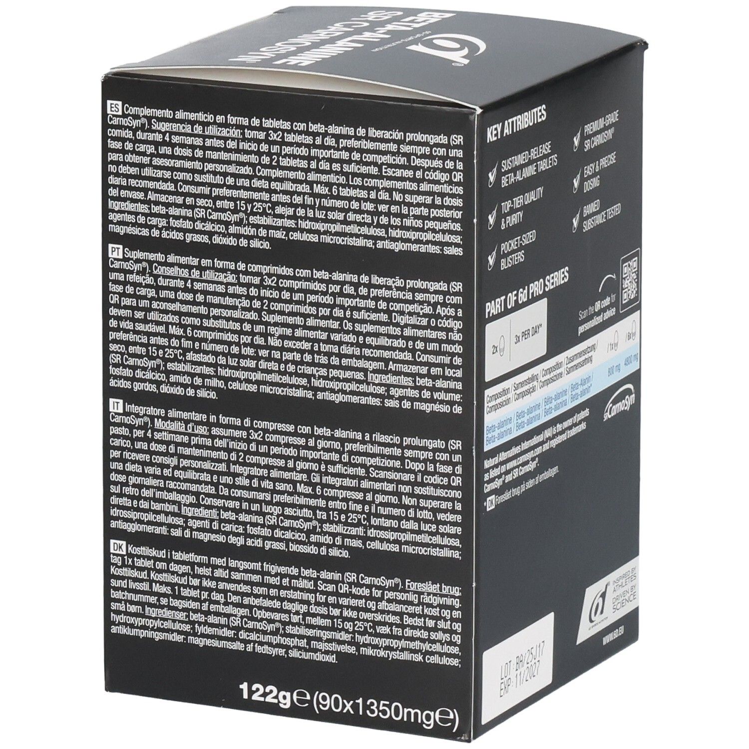 Boîte noire, texte multilingue. Inscription: KEY ATTRIBUTES. 6d Pro Series. Code QR. 122g (90x1350mg).