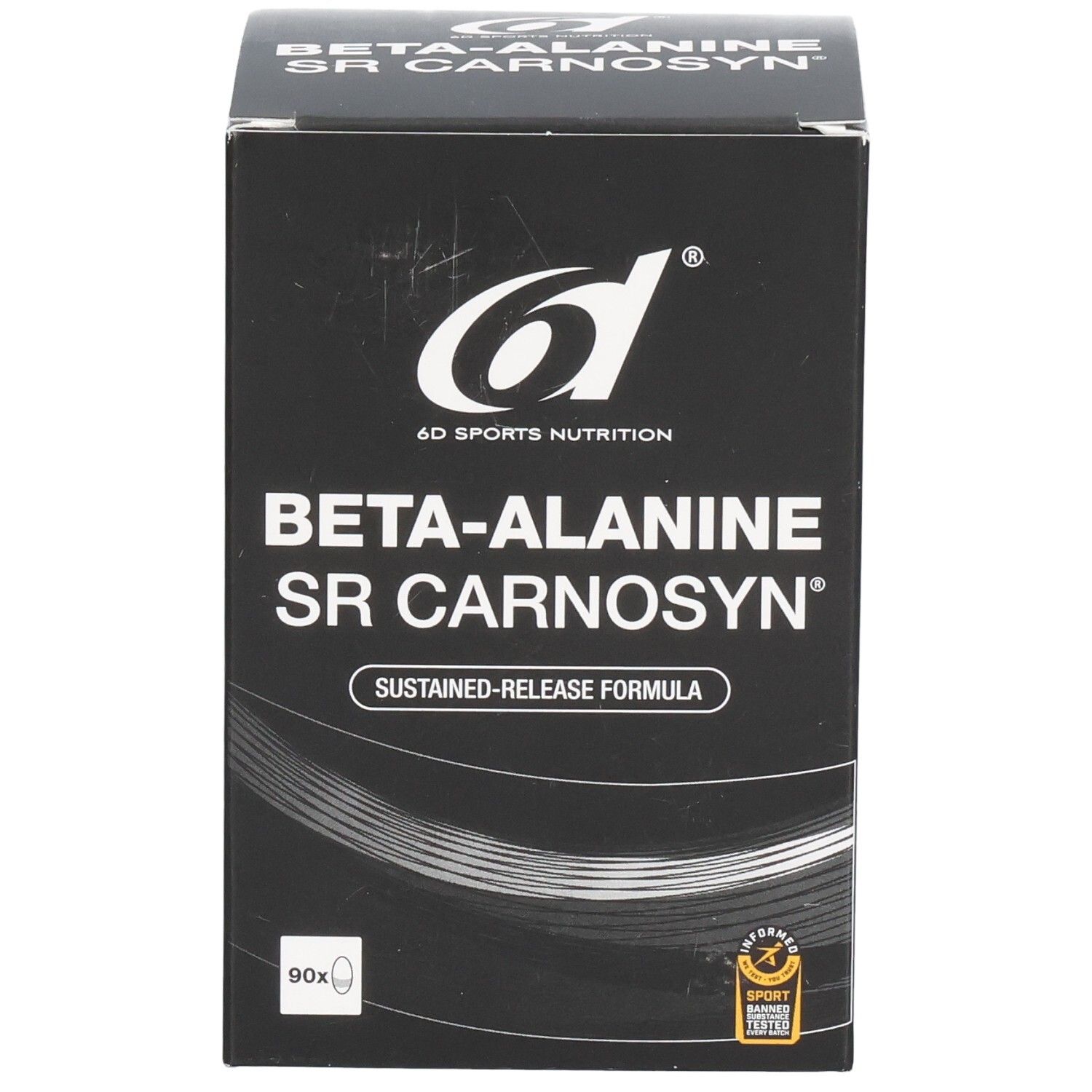 Boîte noire avec texte blanc. Inscription: BETA-ALANINE SR CARNOSYN. Logo 6d Sports Nutrition. 90 comprimés.