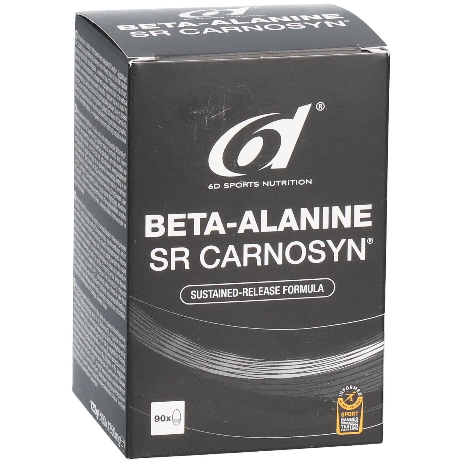 Boîte noire avec texte blanc. Inscription: BETA-ALANINE SR CARNOSYN. Logo 6d Sports Nutrition. 90 comprimés.