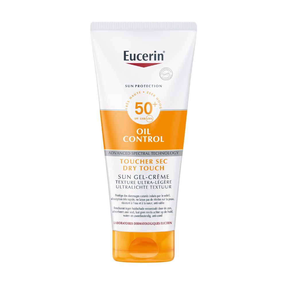 Tube blanche et orange. Inscriptions: Eucerin, Sun Protection, 50+ SPF, Oil Control, Touche Sec, Dry Touch, Sun Gel-Crème.