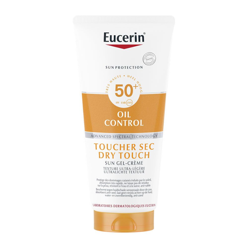 Witte tube met oranje gedeelte. Opschrift: Eucerin, Sun Protection, 50+ SPF, Oil Control, Touche Sec, Dry Touch, Sun Gel-Crème.