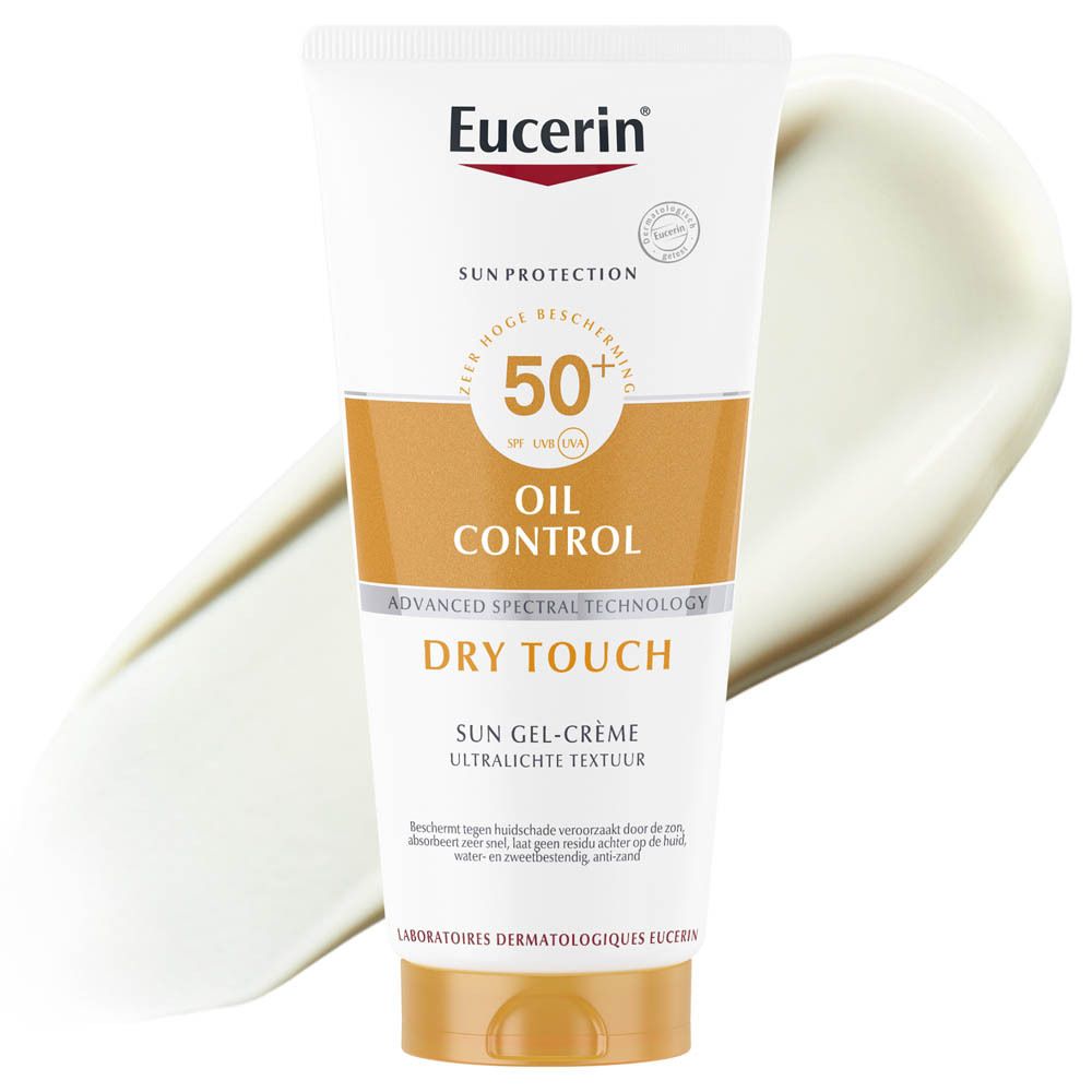 Achterkant van de Eucerin Oil Control SPF 50+ zonne gel-crème met ingrediënten en volume.
