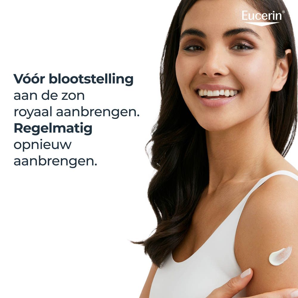Eucerin Oil Control SPF 50+ Zonne Gel-Crème met een veeg crème ernaast.