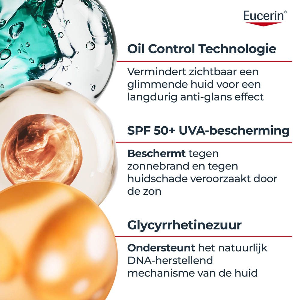 Eucerin Oil Control SPF 50+ Zonne Gel-Crème met drie vrouwen.