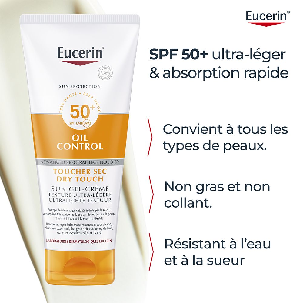 Tube blanc et orange. Texte: SPF 50+ ultra-léger & absorption rapide. Convient à tous les types de peaux. Non gras.