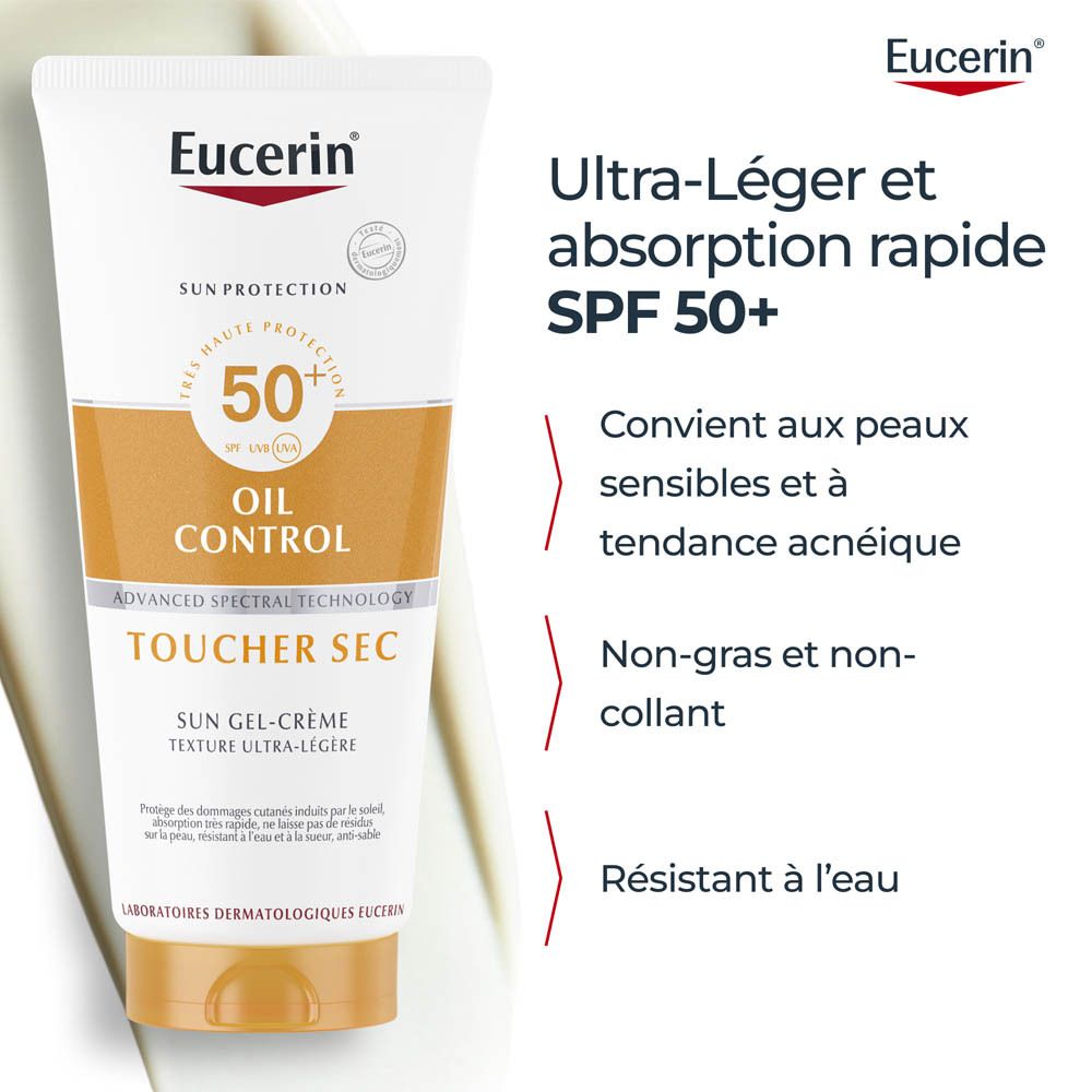 Eucerin Oil Control SPF 50+ Gel-Crème, testé cliniquement et dermatologiquement.