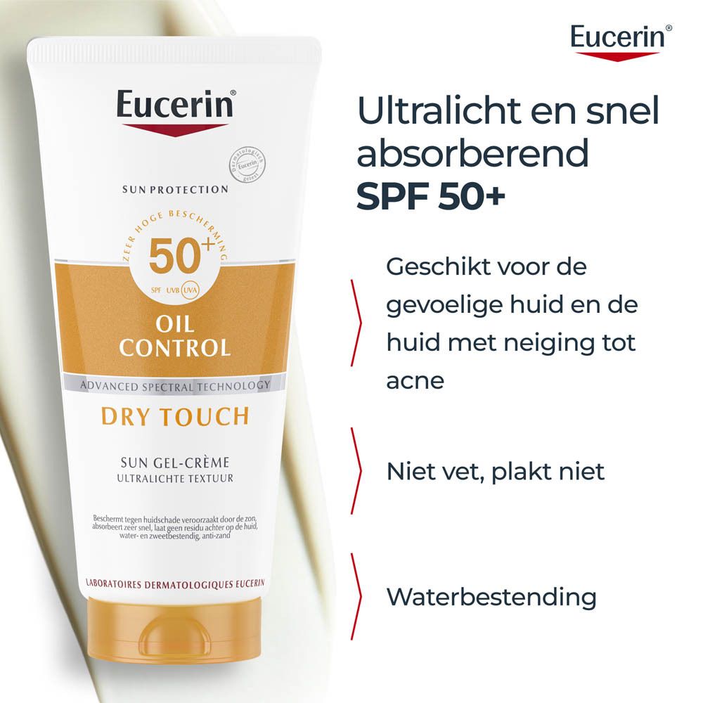 Eucerin Oil Control SPF 50+ Zonne Gel-Crème, klinisch en dermatologisch getest.