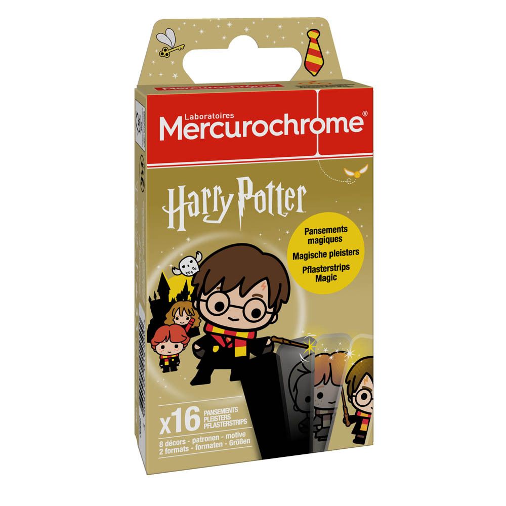 Verpakking met pleisters. Opschrift: Mercurochrome, Harry Potter. 16 stuks. Illustraties van Harry Potter-figuren.