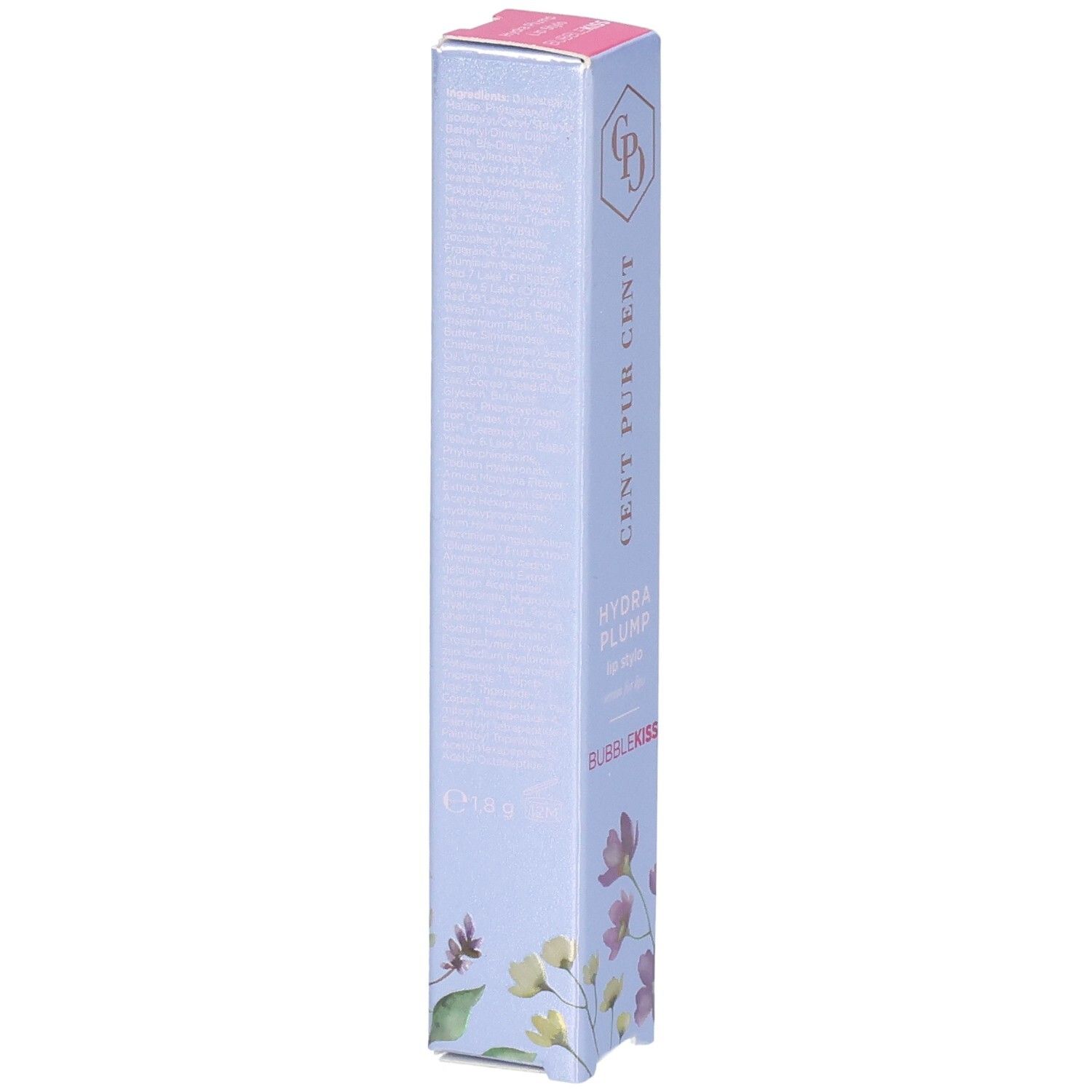 Emballage de rouge à lèvres Cent Pur Cent Hydra Plump avec motif floral et nom du produit.