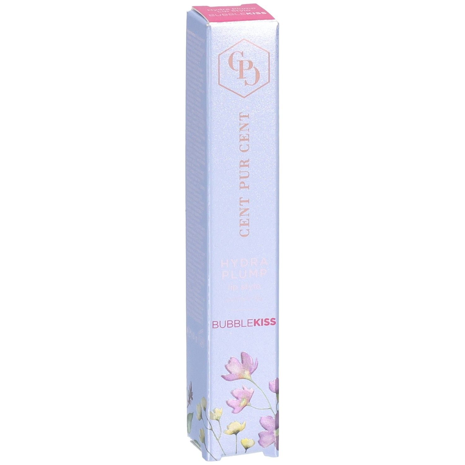 Emballage de rouge à lèvres Cent Pur Cent Hydra Plump avec motif floral et nom du produit.