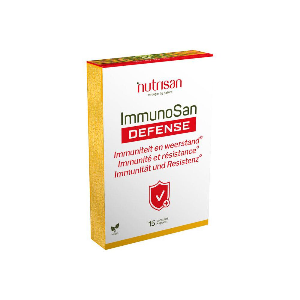 Schuine witte doos met Nutrisan-logo en ImmunoSan Defense. 15 capsules.