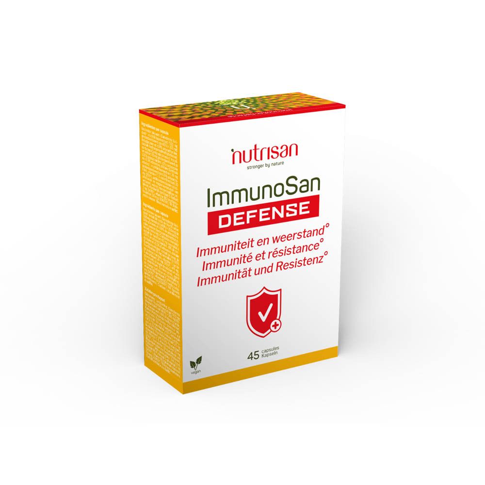 Doos van Nutrisan ImmunoSan Defense. Bevat 45 capsules. Opschrift: Immuniteit en weerstand.