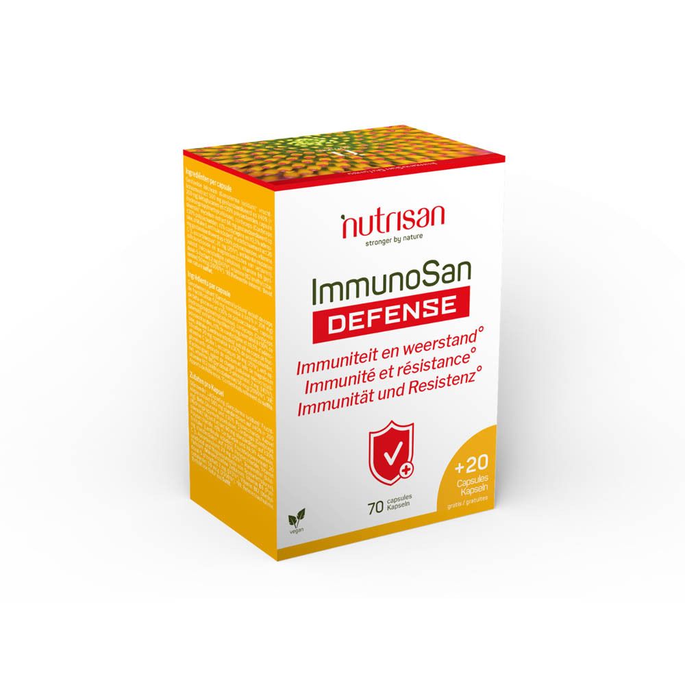 Doos Nutrisan ImmunoSan Defense. Bevat 70 capsules + 20 gratis. Opschriften in het Duits, Frans, Nederlands.