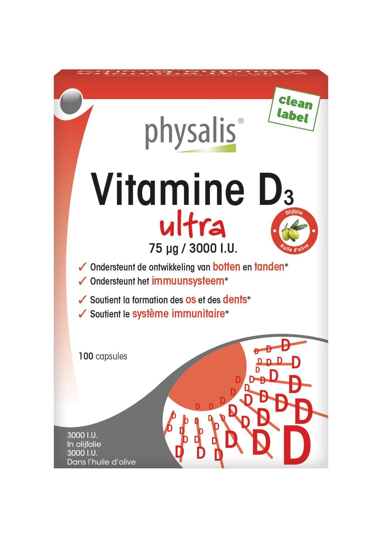 Rode en witte doos met 'Physalis' en 'Vitamina D3 ultra'. Bevat 100 capsules. Tekst in het Nederlands.