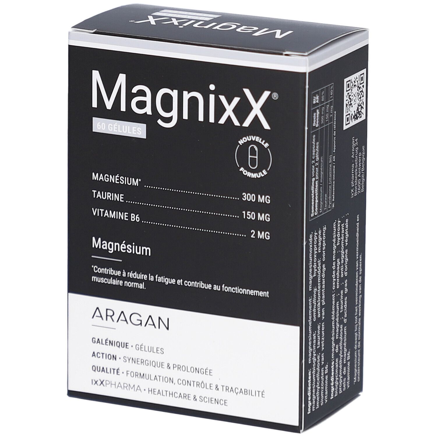 Zwarte verpakking van Magnixx met witte tekst. Bevat 60 capsules. Bevat magnesium, taurine en vitamine B6. Merk: ARAGAN.