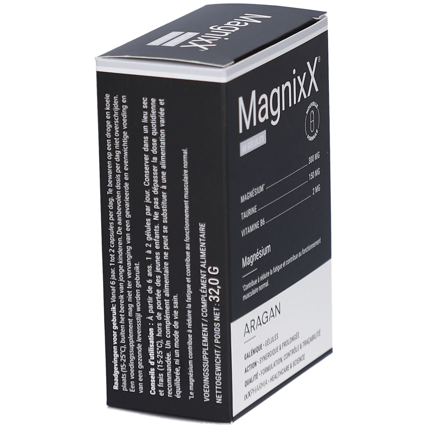 Zwarte Magnixx-verpakking, schuin. Bevat 60 capsules. Bevat magnesium, taurine en vitamine B6. Merk: ARAGAN. Nettogewicht: 32,0 g.