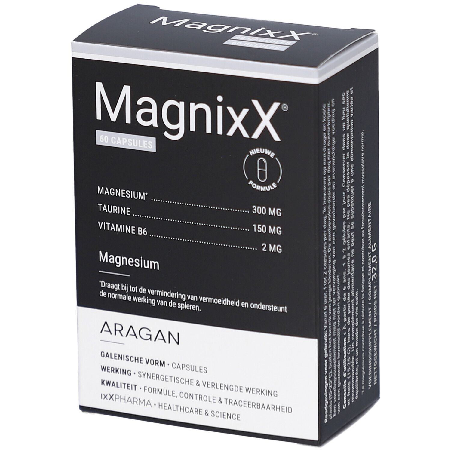 Zwarte verpakking van Magnixx met witte tekst. Bevat 60 capsules. Bevat magnesium, taurine en vitamine B6. Merk: ARAGAN.