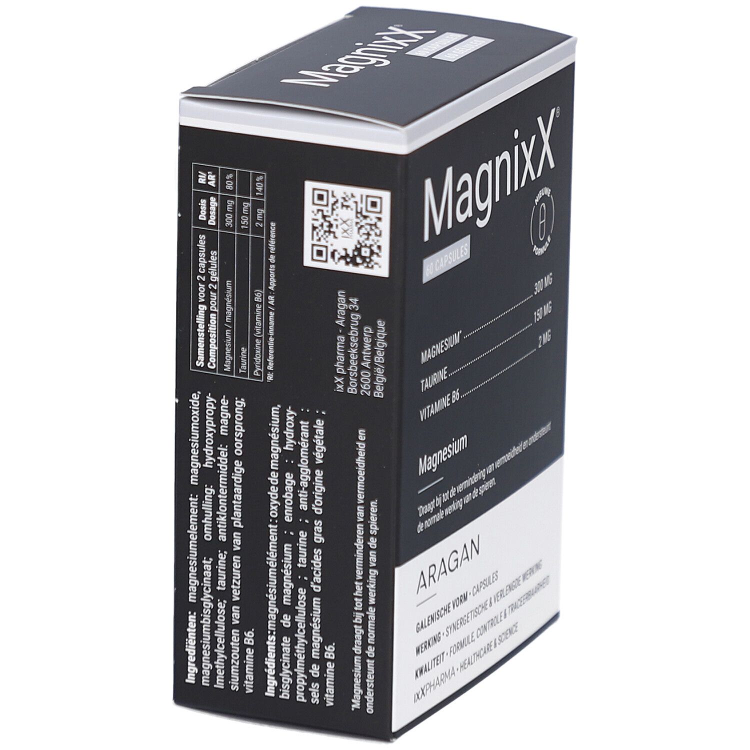 Zwarte Magnixx-verpakking, schuin. Bevat 60 capsules. Bevat magnesium, taurine en vitamine B6. Merk: ARAGAN. Met QR-code.
