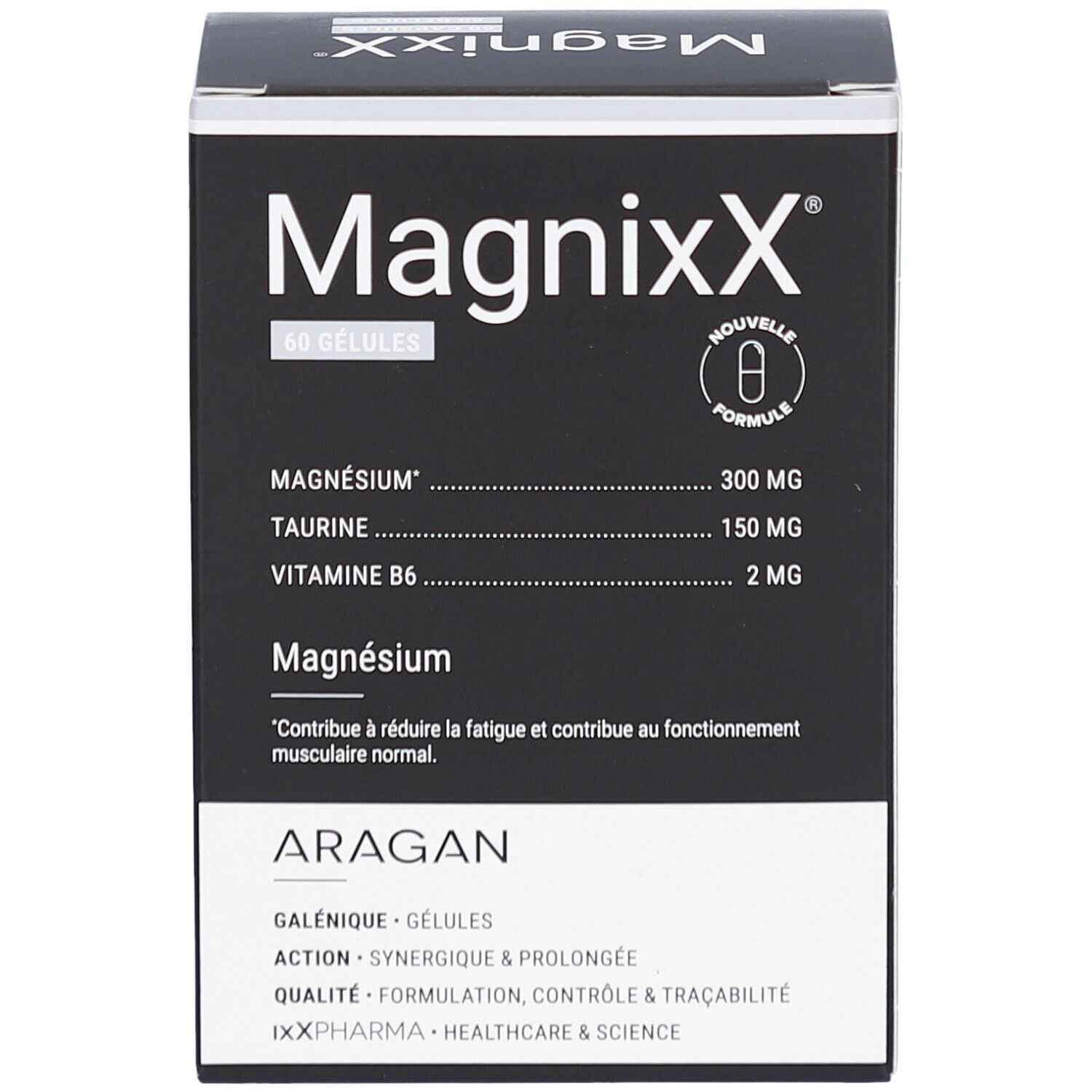 Zwarte verpakking van Magnixx met witte tekst. Bevat 60 capsules. Bevat magnesium, taurine en vitamine B6. Merk: ARAGAN.