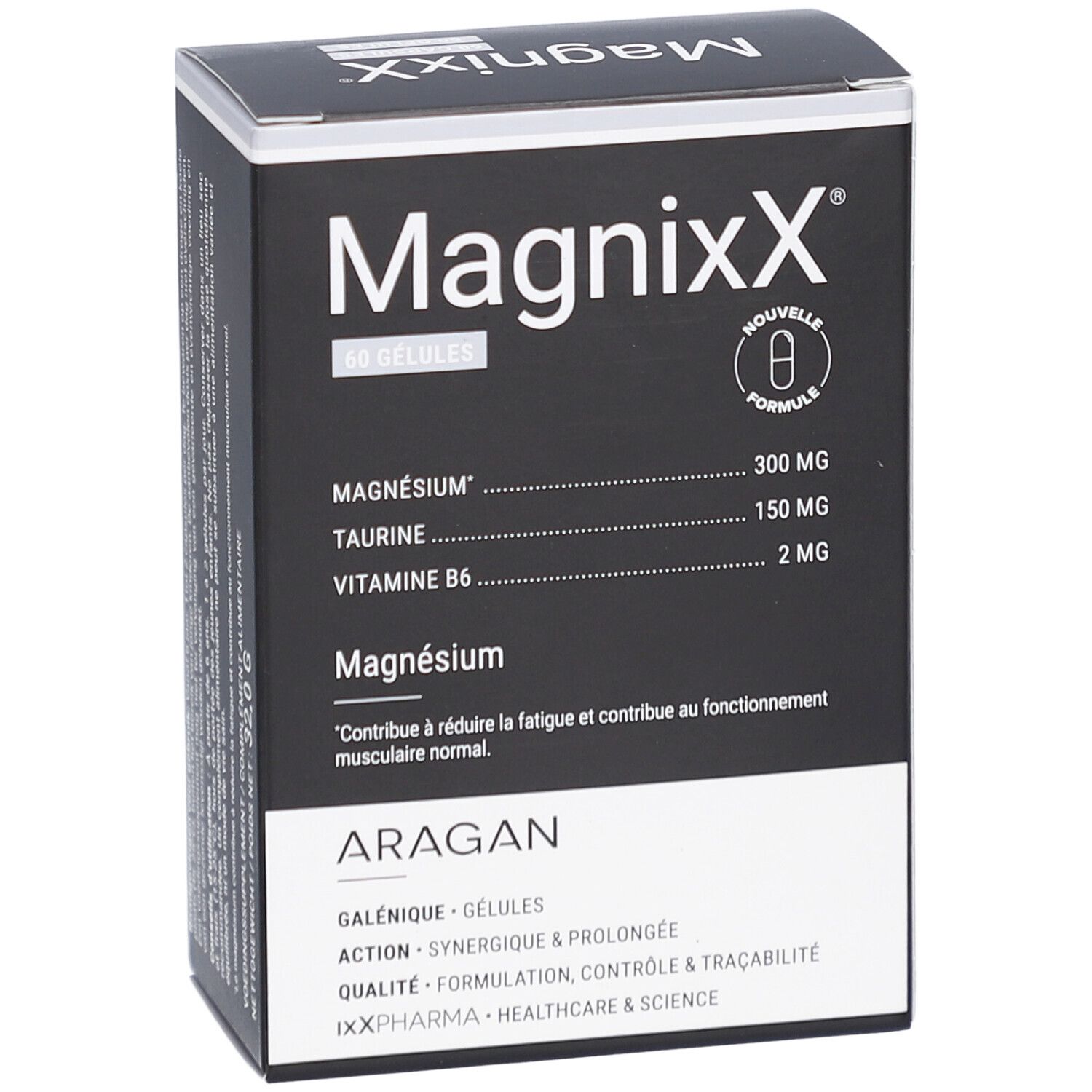 Zwarte verpakking van Magnixx met witte tekst. Bevat 60 capsules. Bevat magnesium, taurine en vitamine B6. Merk: ARAGAN.