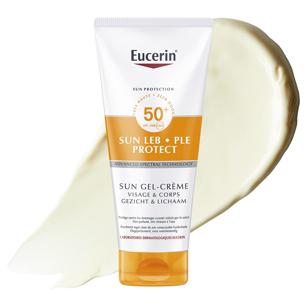 Eucerin Sun PLE Protect SPF 50+ Gel-Crème Visage & Corps. Tube blanche et orange. Texte et logo.