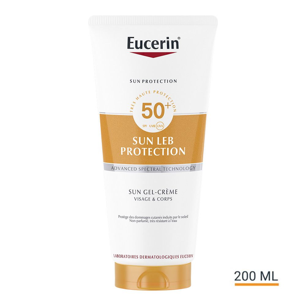 Eucerin Sun PLE Protect SPF 50+ tube. Tekst op achterkant. 200 ml. Ingrediënten.
