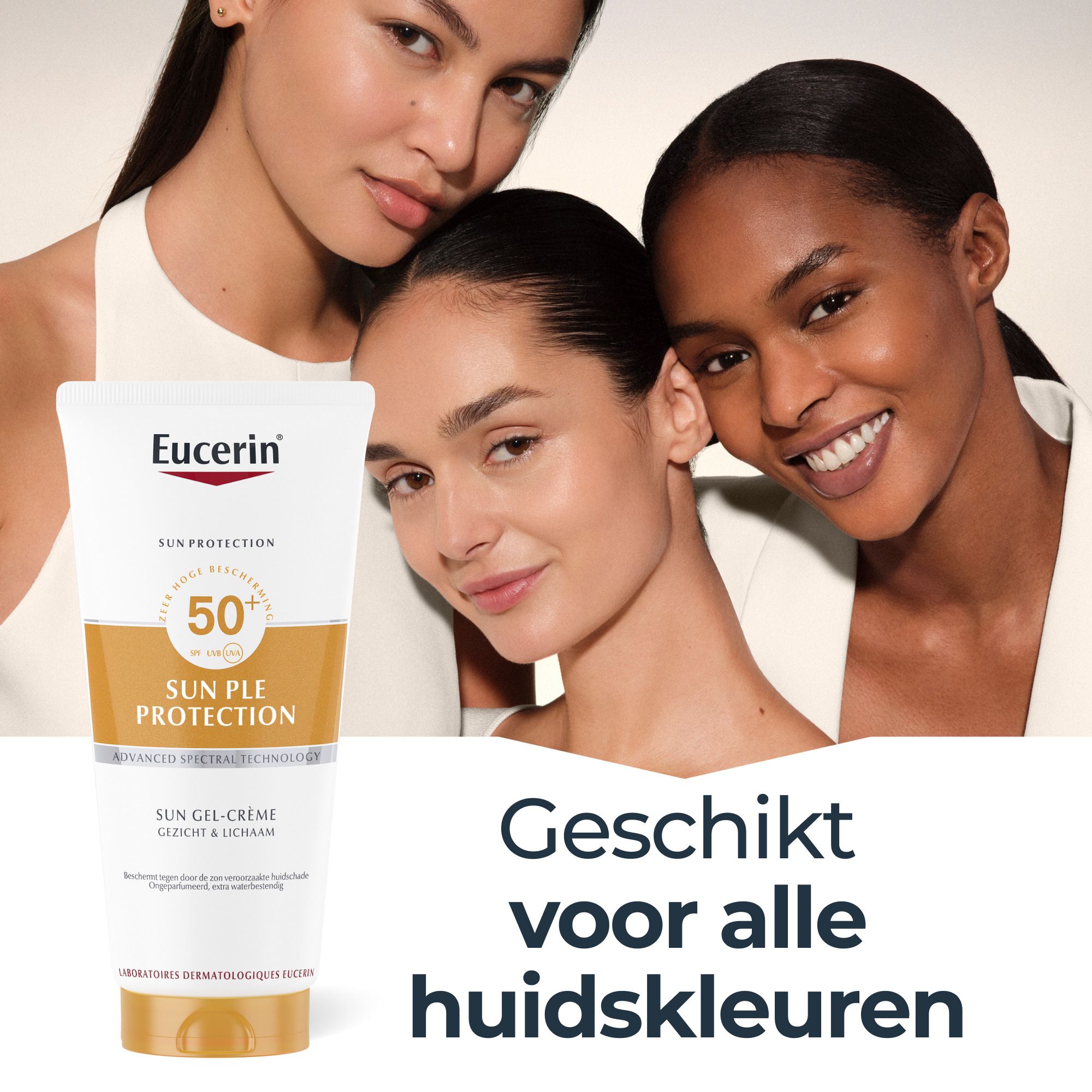 Eucerin Sun PLE Protect SPF 50+ tube. Wit, gele dop. Tekst en logo. 200 ml.