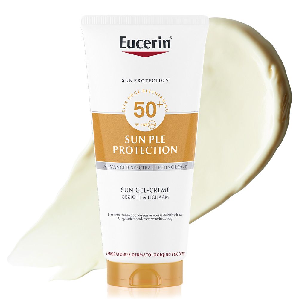 Drie vrouwen met Eucerin Sun PLE Protect SPF 50+ tube. Tekst: Geschikt voor alle huidtinten.