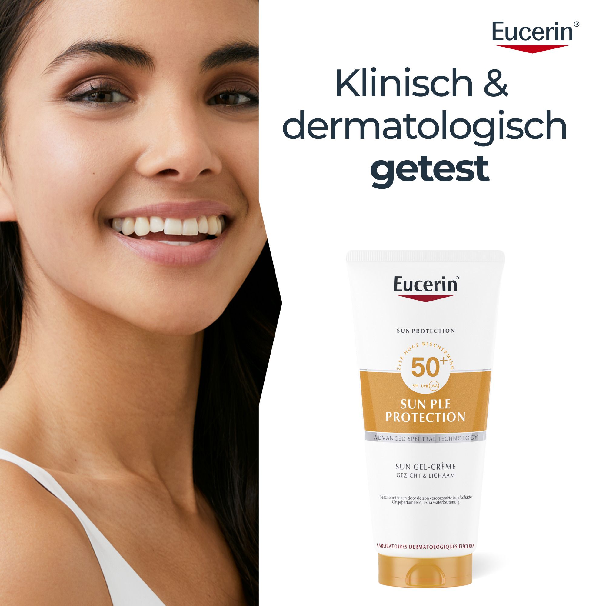 Vrouw brengt Eucerin Sun PLE Protect SPF 50+ aan. Tekst: Aanbrengen op gezicht en lichaam.