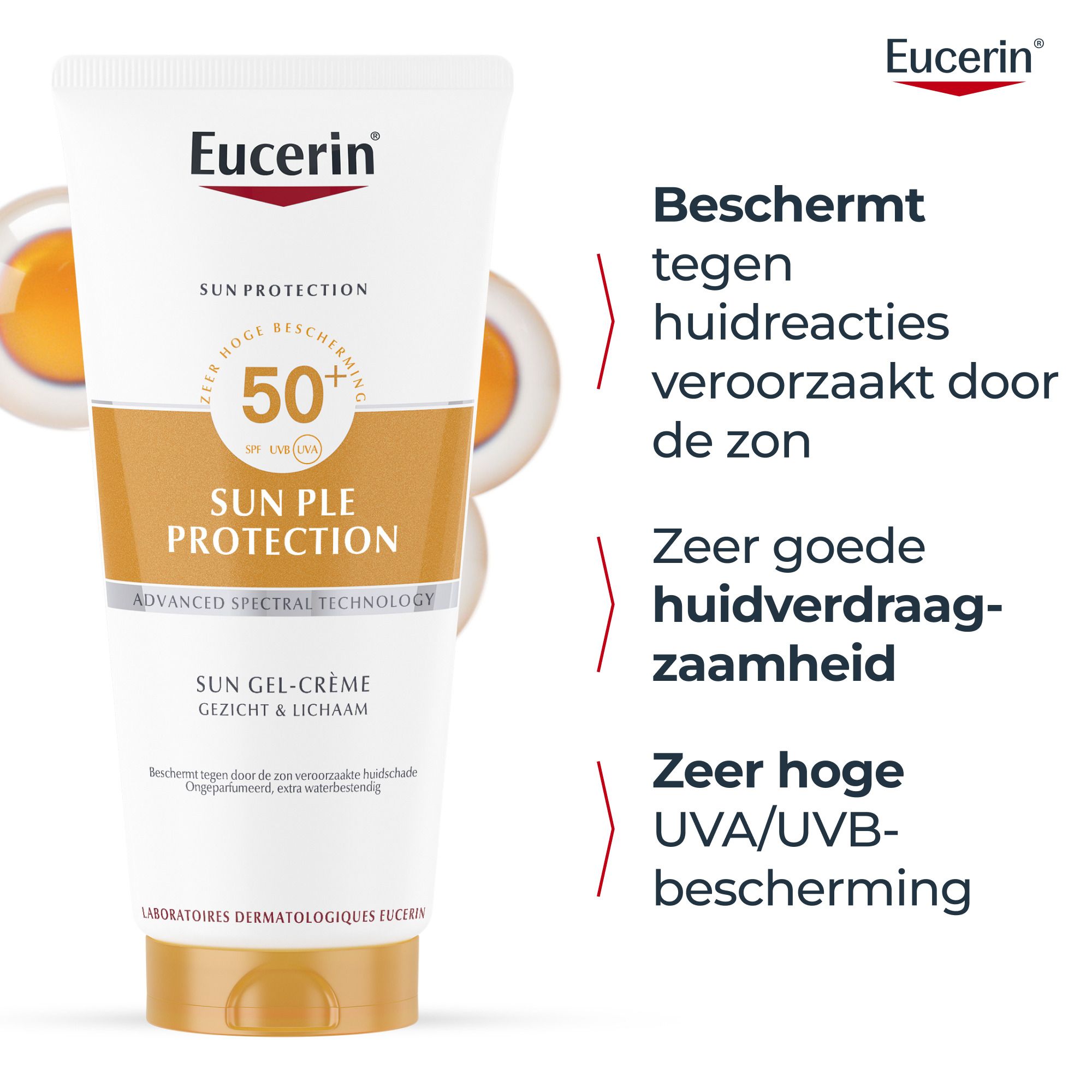 Eucerin Sun PLE Protect SPF 50+ tube en crème. Tekst: Gel-crème textuur.
